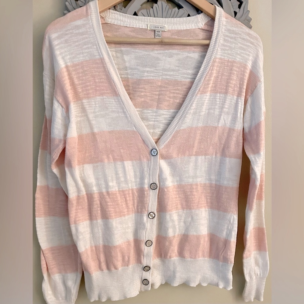 Y2K Ballet Pink Striped Preppy Cotton V-Neck Cardigan (EUC)